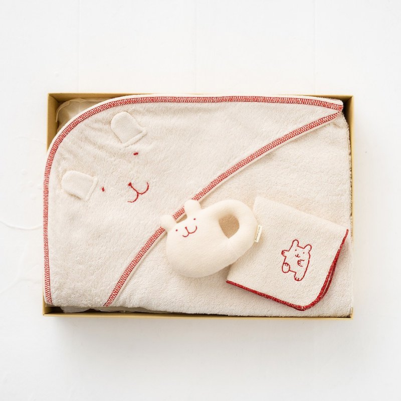 [NEW!!] Gift Set AG-1 100% Organic Cotton Afghan Swaddle Rattle Mini Towel 3 Piece Set Rabbit Bear Made in Japan - Baby Gift Sets - Cotton & Hemp White