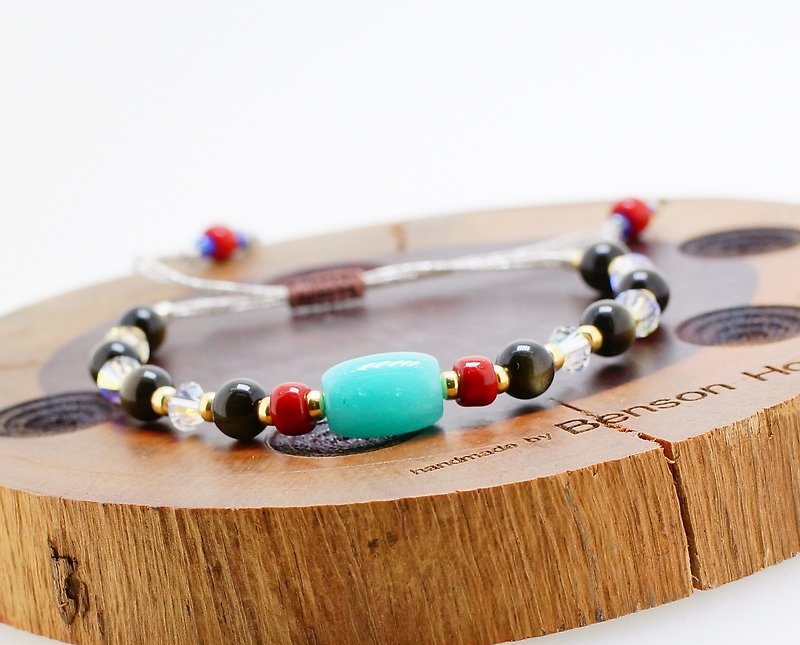 Obsidian + Amazonite bracelet (+ Amazonite obsidian hand and chain) - Bracelets - Gemstone Multicolor