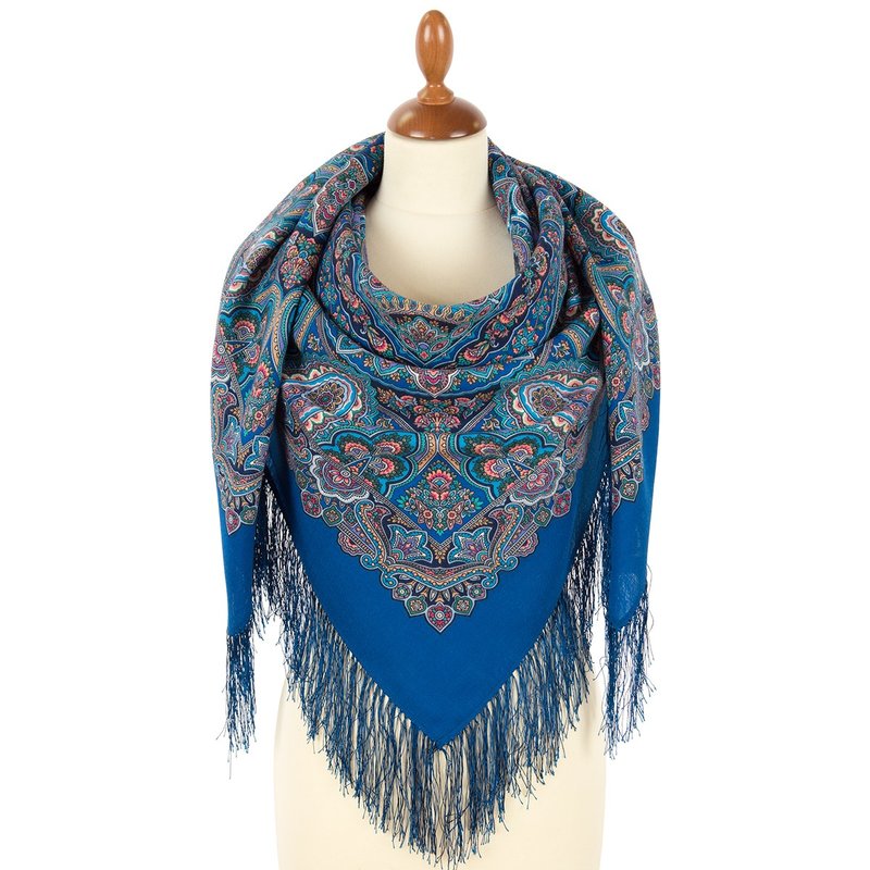 Pavlovo Posad Russian Shawl 100% Wool Scarf 125x125 cm Wrap Silk Fringe 1903-13 - Scarves - Wool Blue