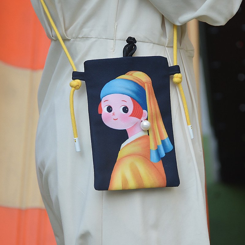 Girl with pearl earrings cute mobile phone bag personality messenger bag portable small coin purse creative gift - Messenger Bags & Sling Bags - Cotton & Hemp Blue