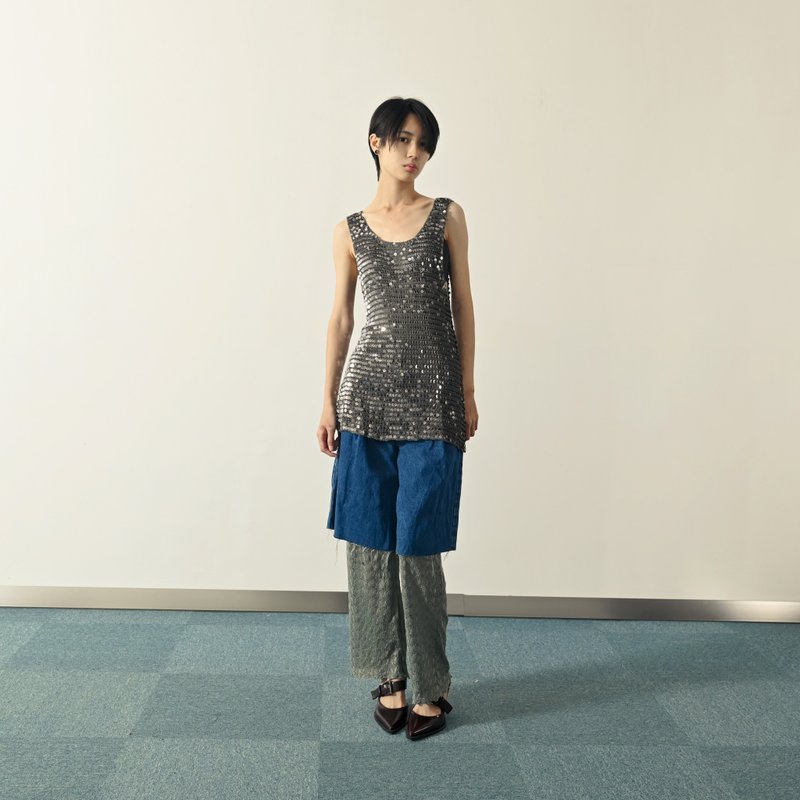 【NaSuBi Vintage】Wide denim vintage shorts with whiskered design - Women's Shorts - Cotton & Hemp Blue