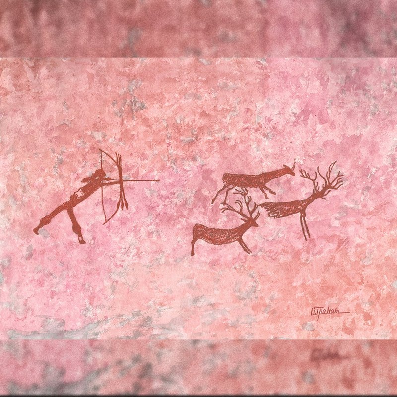 Deer hunting painting interior Prehistoric art Watercolor end pastel drawing - โปสเตอร์ - กระดาษ สีแดง