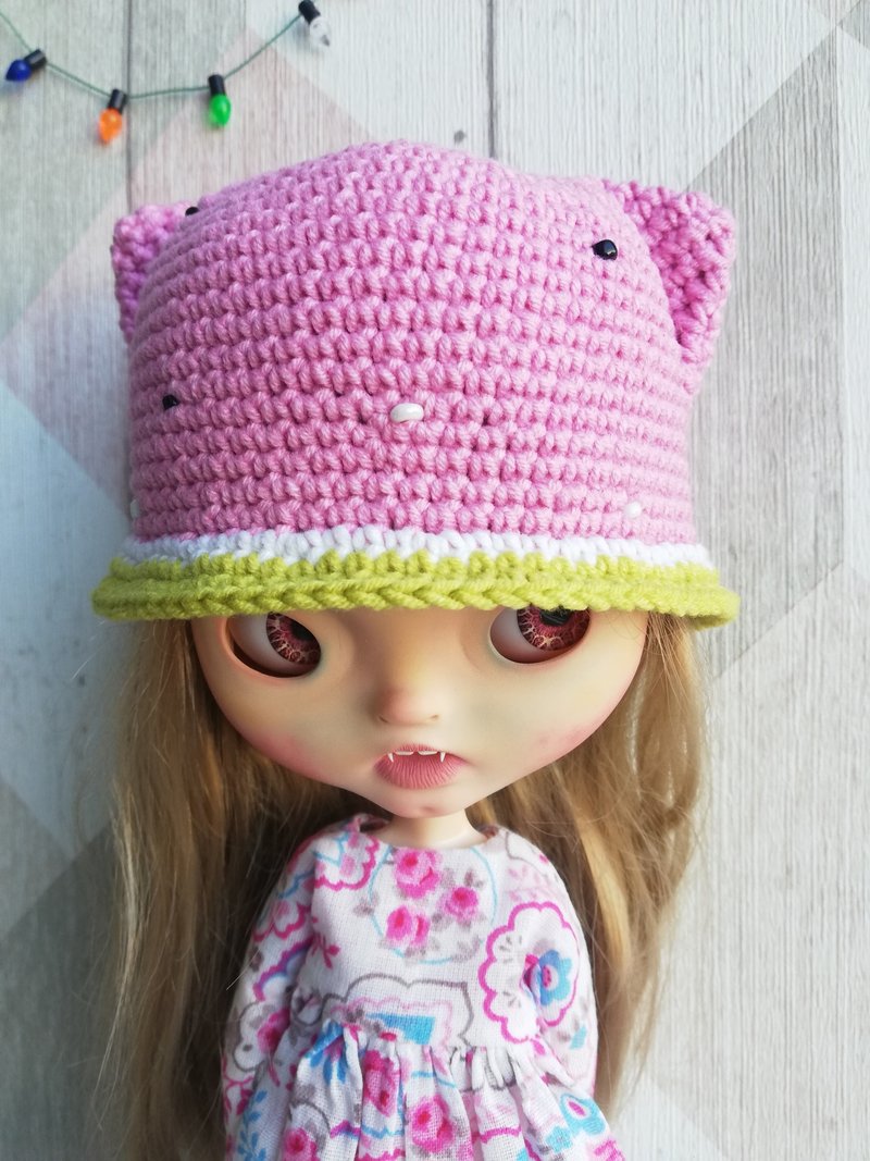 Blythe crochet panama Cat pink watermelon - 公仔/玩偶 - 棉．麻 粉紅色