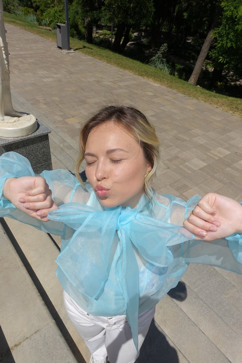 Transparent Blue Organza Blouse with Bow, Sheer Puff Long Sleeve Shirt - 女襯衫 - 其他材質 藍色