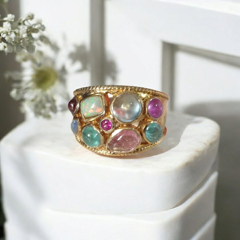 Multi-gemstones ring, silver yellow gold plated setting - 戒指 - 寶石 多色