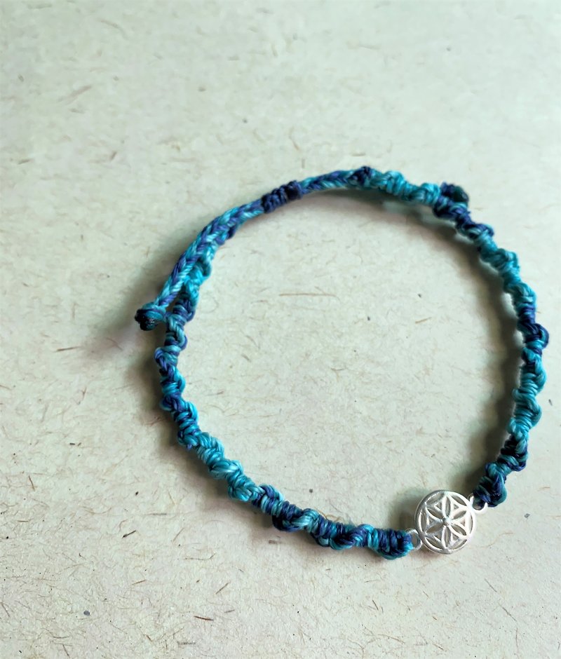Flower of Life Blue South American Wax Thread 925 Sterling Silver Braided Bracelet - สร้อยข้อมือ - เงินแท้ 