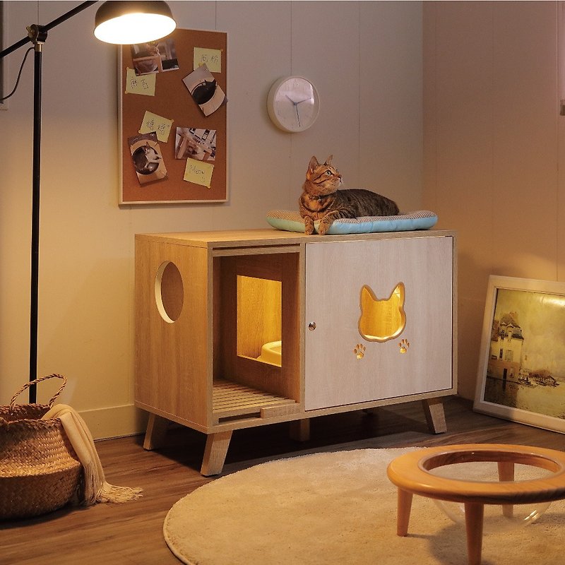 Pangpang Cat Litter Cabinet-With Cat Litter Box & LED Light - Cat Litter & Cat Litter Mats - Wood Khaki