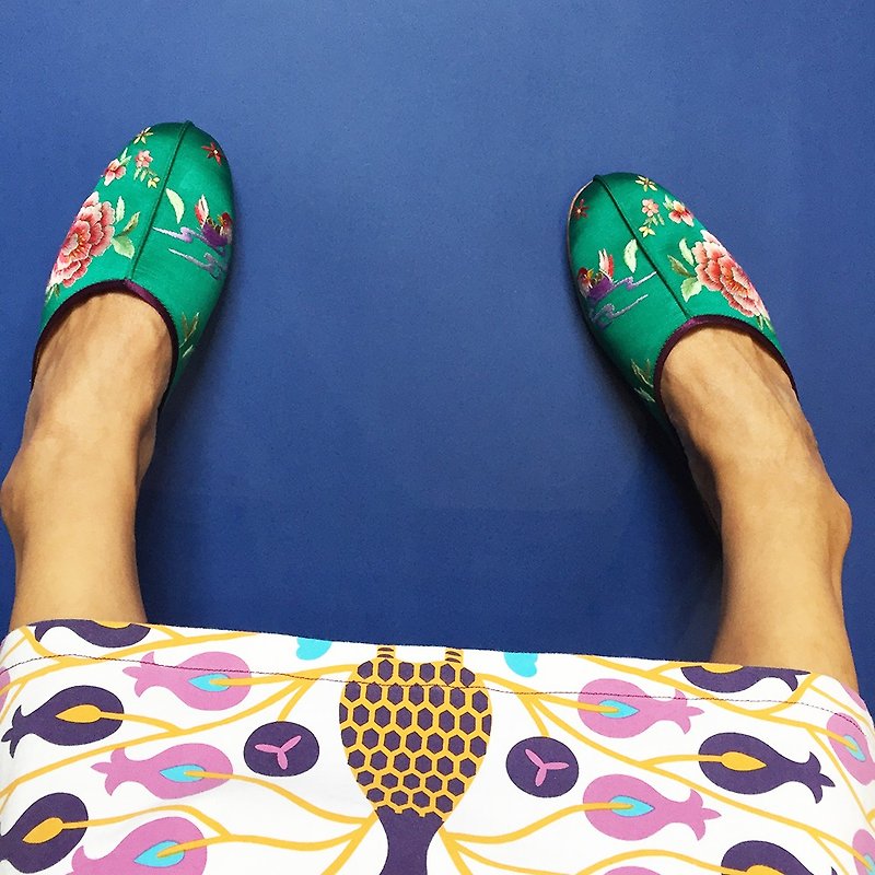 Mandarin duck slippers - รองเท้าแตะ - ผ้าไหม สีเขียว