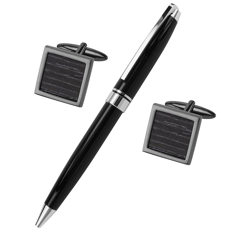 Black Wood Square Cufflinks and Pen Set - กระดุมข้อมือ - โลหะ สีดำ