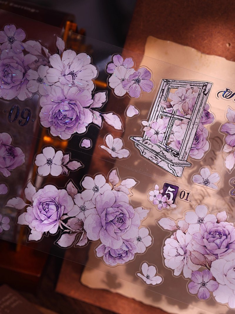 疏影  復古紫色花卉和紙PET貝殼光模切手帳貼紙膠帶 - 紙膠帶/和紙/PET - 紙 多色
