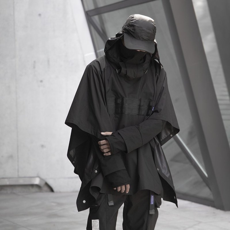 Cyberpunk Functional Cloak Dark Ninja Shawl Outdoor Weatherproof Jacket - เสื้อโค้ทผู้ชาย - เส้นใยสังเคราะห์ สีดำ