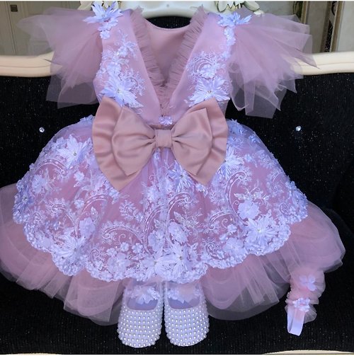 V.I.Angel Pink dress with white lace and 3d flowers, pearls shoes and headband.