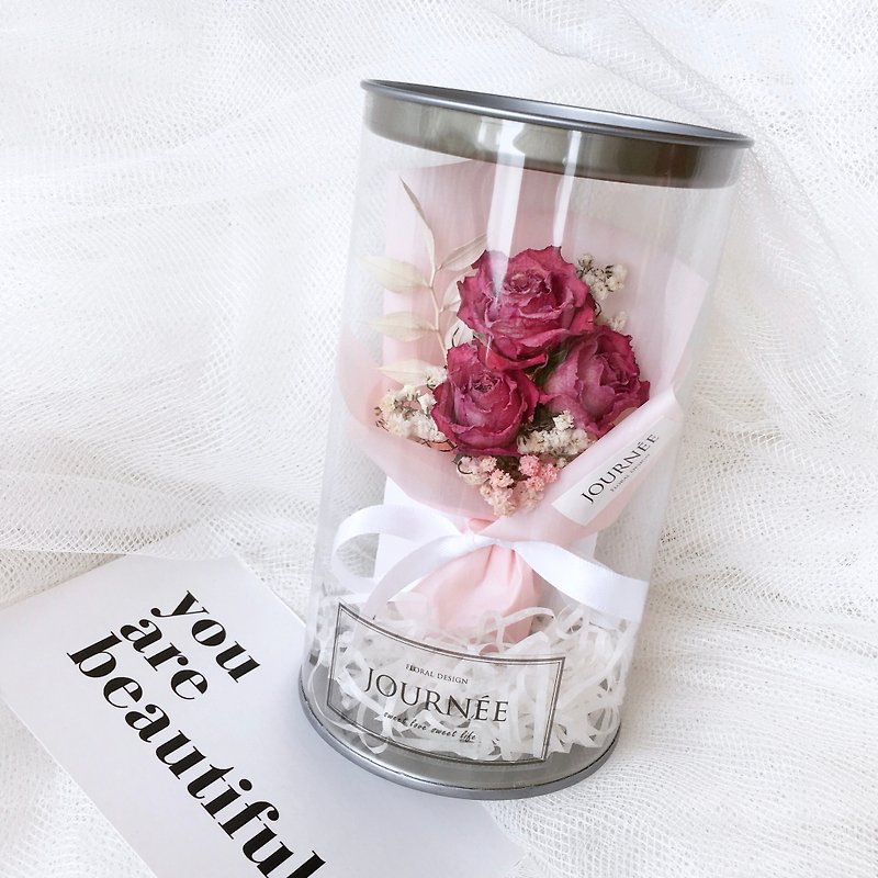Journee limited dry rose flower pot with card / pink dry bouquet wedding small wish bottle - ช่อดอกไม้แห้ง - พืช/ดอกไม้ 