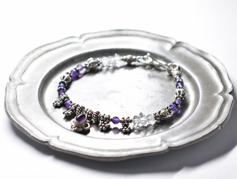 Silver decoration amethyst and flowers Indian Silver, Herkimer diamond, Karen Silver, amethyst bracelet - Bracelets - Other Metals Purple