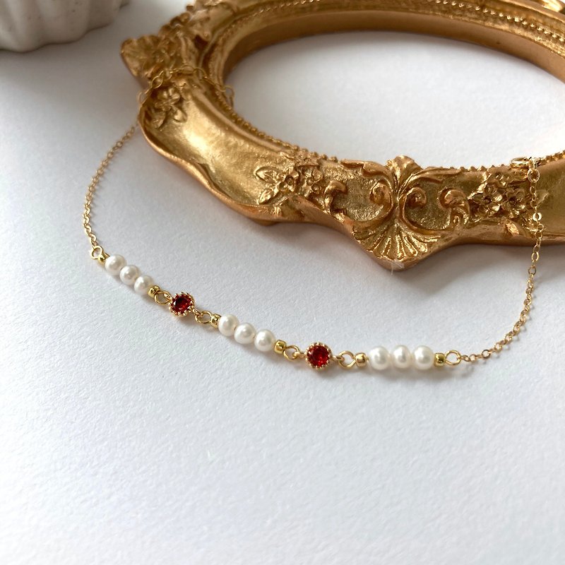 14K gold-red natural pearl ring fine Stone Bracelet bracelet necklace chain clavicle - Bracelets - Pearl Red