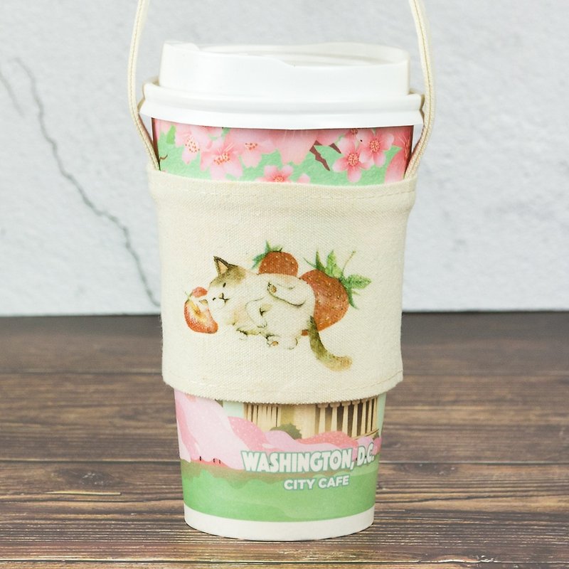 Cat and strawberry drink cups, bags, green cups, beverage cups - ถุงใส่กระติกนำ้ - ผ้าฝ้าย/ผ้าลินิน ขาว