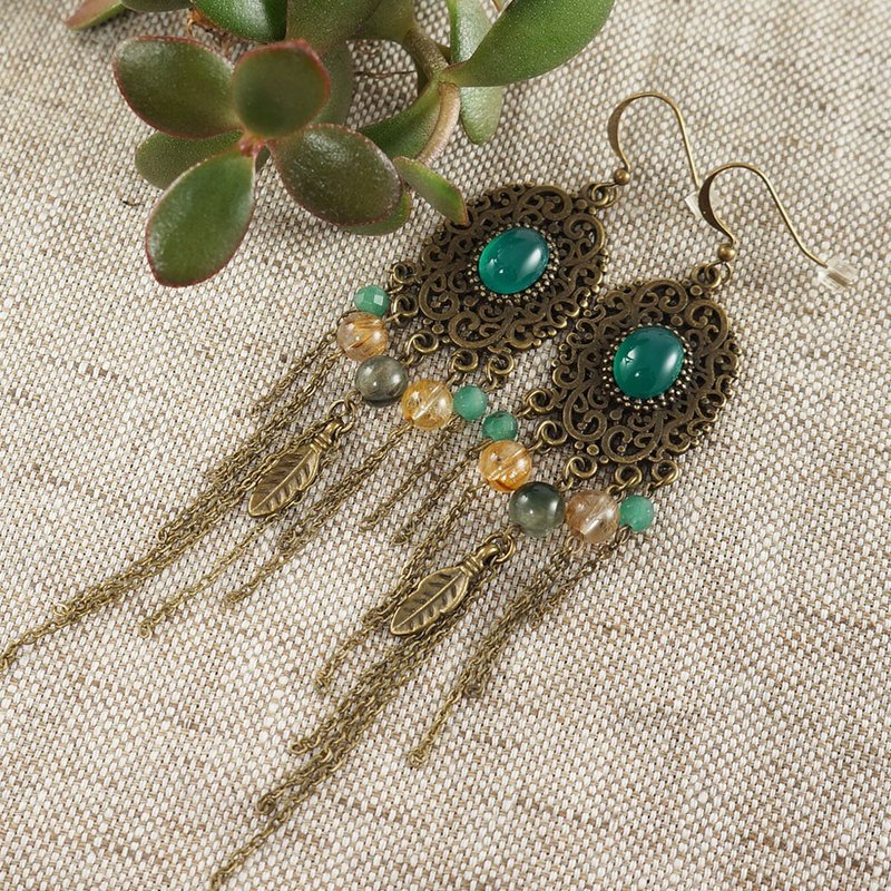 Green Agate Earrings Yellow Rutile Quartz Bronze Large Long Earrings Jewelry - 耳環/耳夾/耳骨夾 - 半寶石 綠色
