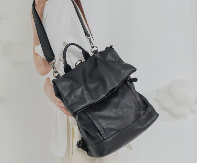 Square Cover Full Leather Backpack Black Shop no216 Backpacks