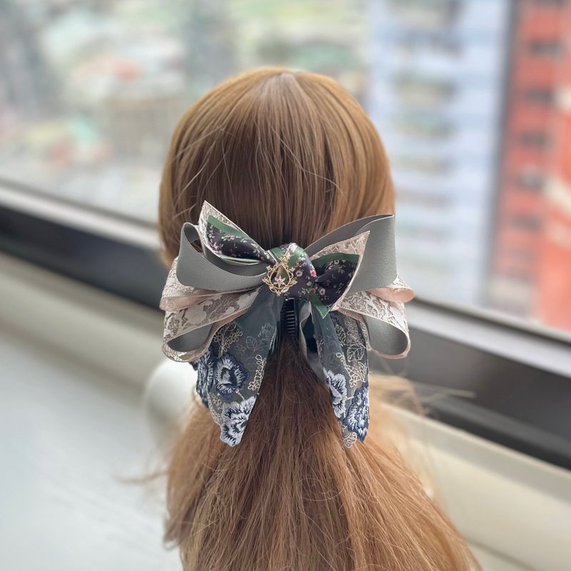 蕾絲紗蕾絲蝴蝶結相交夾香蕉夾仙女夾髮夾-黑綠色 - 髮夾/髮圈 - 其他材質 綠色