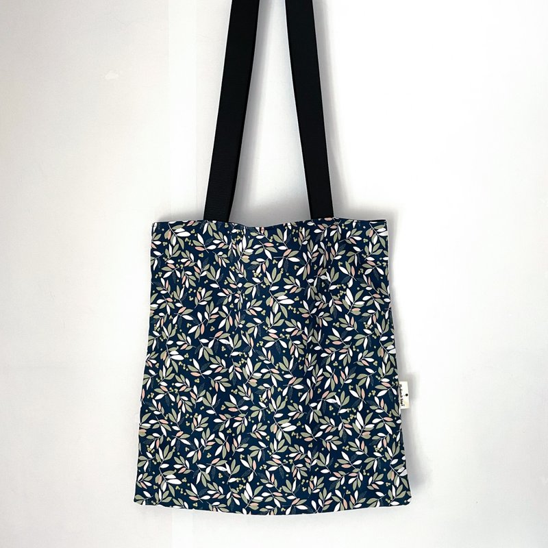 單肩布袋 Totebag 深藍色植物圖案 含內袋 - 手提包/手提袋 - 棉．麻 藍色