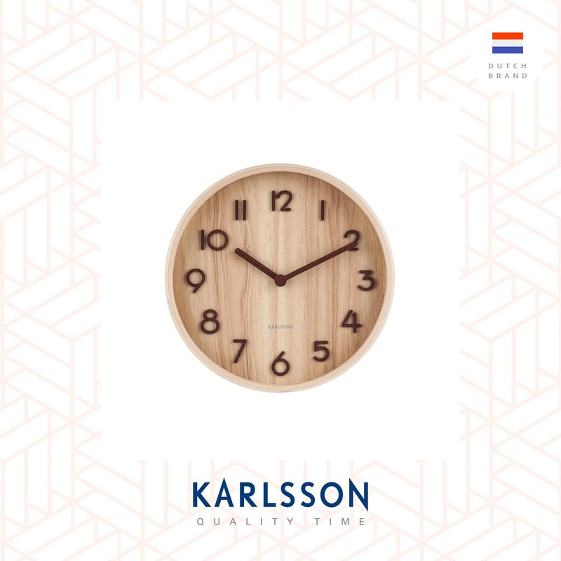 荷蘭Karlsson,22cm 木制淺木色數字掛鐘Wall clock Pure basswood - 時鐘/鬧鐘 - 木頭 咖啡色