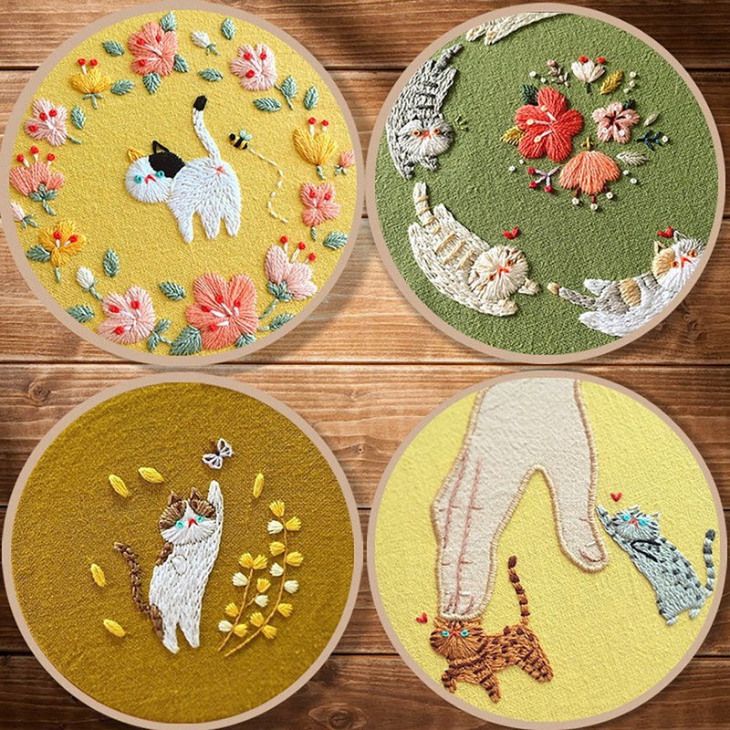 Handmade embroidery DIY material package, cat hanging painting decoration - Knitting, Embroidery, Felted Wool & Sewing - Cotton & Hemp 