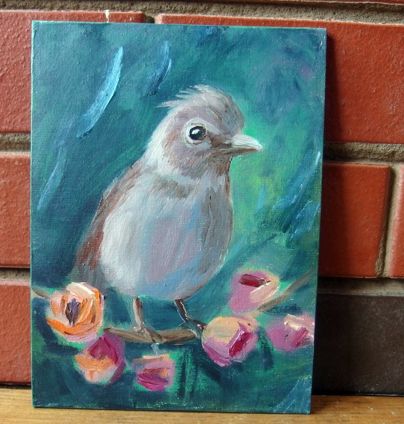 Small nice bird on a blooming peach tree branch original oil painting on canvas - ตกแต่งผนัง - วัสดุอื่นๆ สีเทา