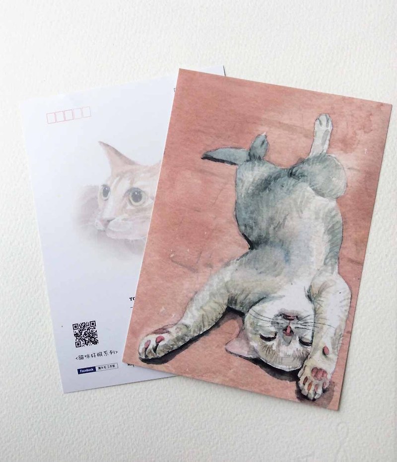 貓咪好眠系列  手繪明信片 白貓 - 心意卡/卡片 - 紙 粉紅色