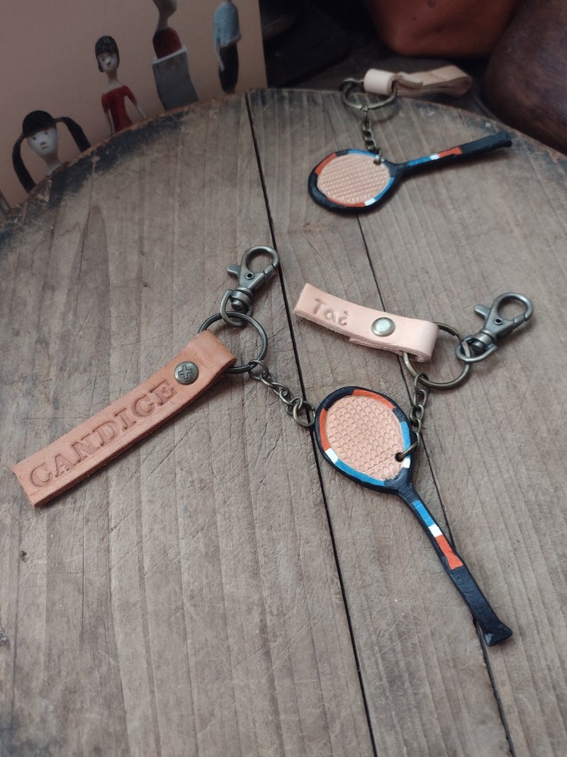 Cute Mini Badminton Racket Pure Leather Keyring - Lettering Available - ที่ห้อยกุญแจ - หนังแท้ สีน้ำเงิน