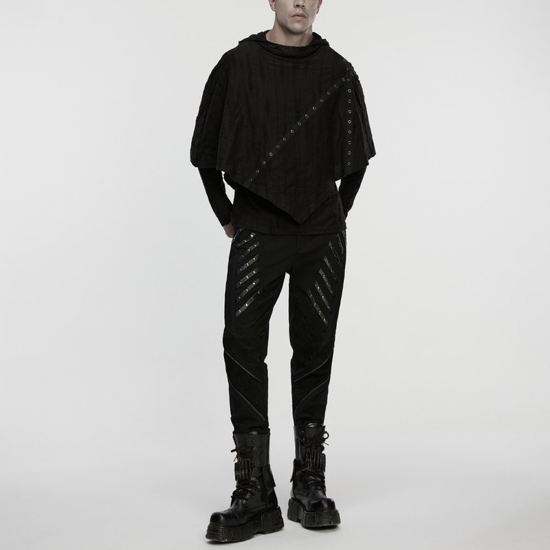 龐克辟邪鎧甲拼接網布鉚釘長褲長褲 - 男長褲/休閒褲 - 其他材質 黑色