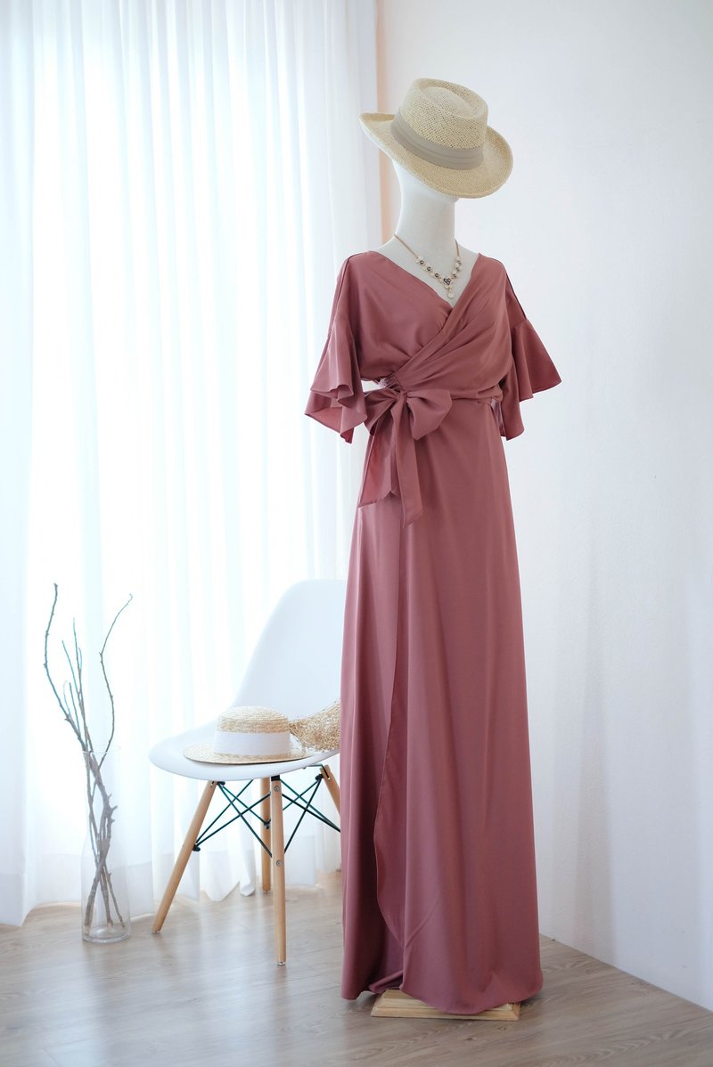 English rose pink / Rosewood bridesmaid wrap dress maxi evening cocktail dress - 禮服/小禮服 - 聚酯纖維 粉紅色
