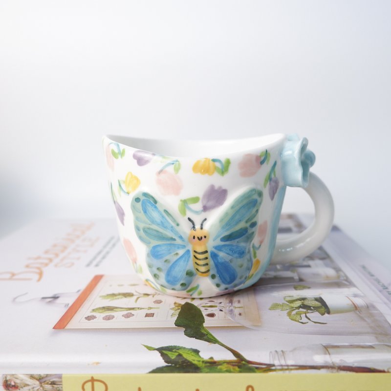 Hand built ceramic cup |  tulip and butterfly  | ceramic handmade - Mugs - Pottery Multicolor