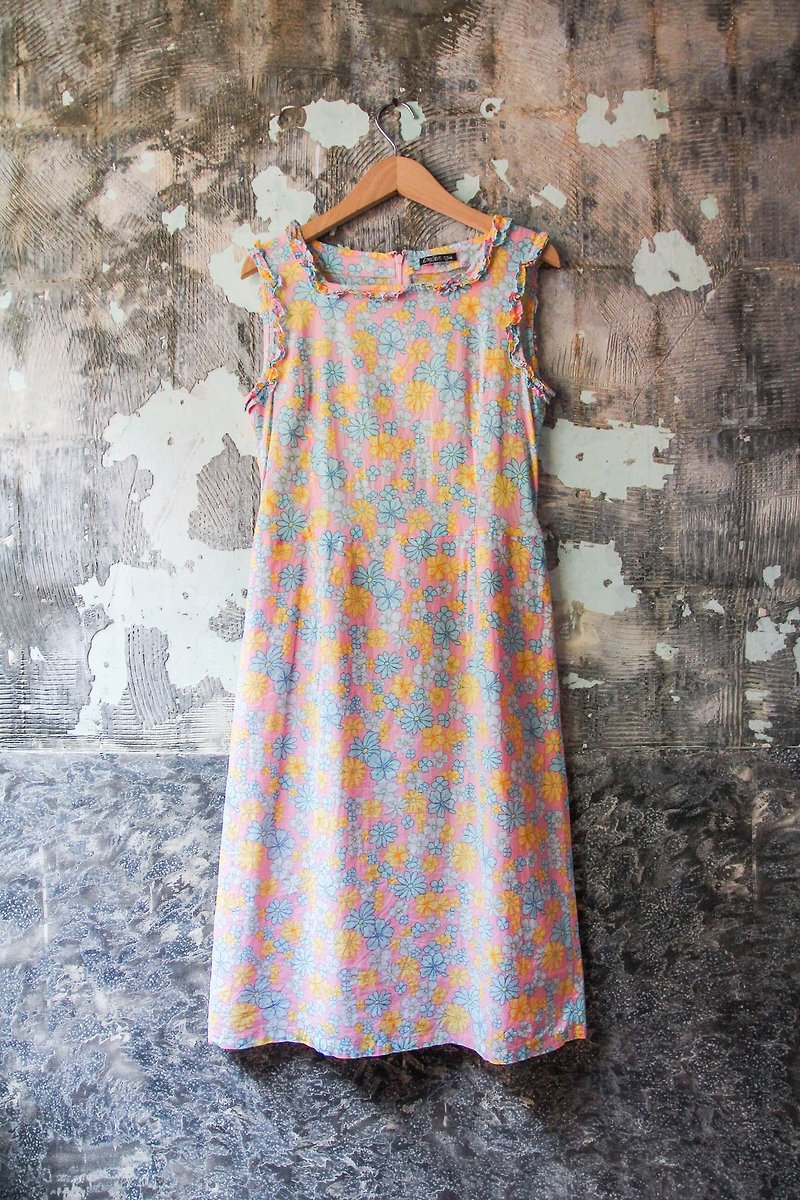 袅袅 department store -Vintage lotus leaf round neck pink sleeveless dress retro - ชุดเดรส - ผ้าฝ้าย/ผ้าลินิน 