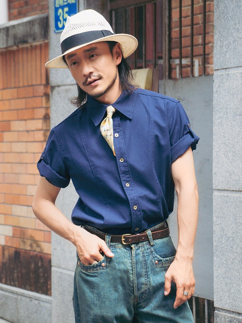 SOARIN美式復古棉麻圓擺素面襯衫(2521C410) - 男襯衫/休閒襯衫 - 棉．麻 藍色