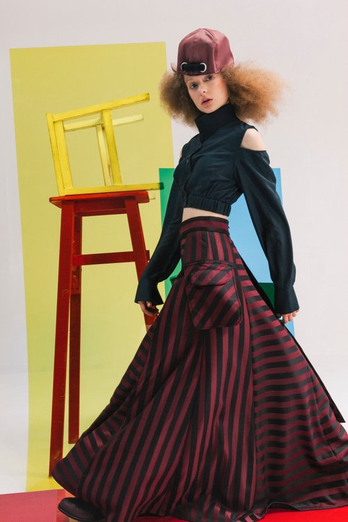 Envol AvecNingスモールエプロンダブルロングスカート-ストライプレッド