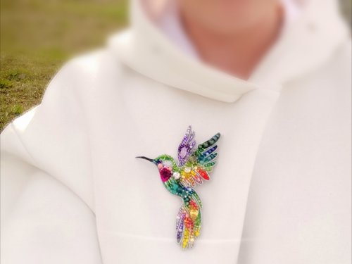 ハチドリ ジュエリー ブローチ、レインボー ハチドリ、鳥のピン
