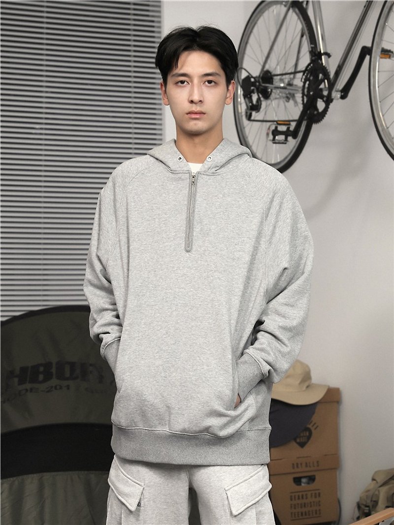 Simple Japanese American style all-match half zipper hooded pullover sweater men and women couple hat T - Men's T-Shirts & Tops - Cotton & Hemp Gray