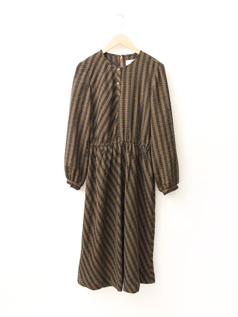 Japanese vintage black and brown striped long-sleeved vintage dress Japanese Vintage Dress - One Piece Dresses - Polyester Brown