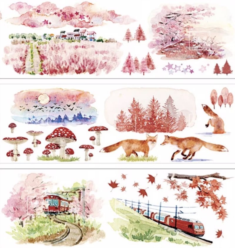 Spring warm autumn brocade seasonal atmosphere 囲気 watercolor painting landscaping PET washi tape made in Taiwan - Washi Tape - Other Materials Multicolor