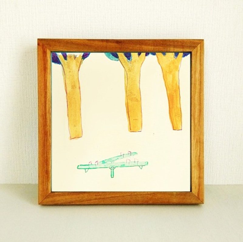 Pinkoi Proxy Purchase - Original painting "Seesaw" *Wooden frame included (18 x 18 cm frame) Watercolor, painting, light blue - Posters - Other Materials 