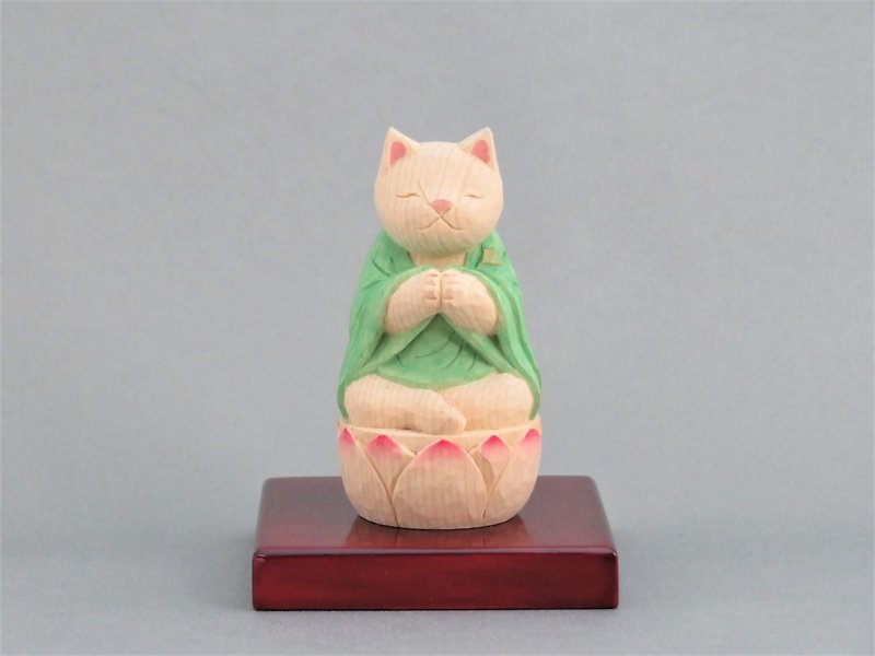 木彫り　袈裟を着た合掌猫　猫仏1904 - 玩偶/公仔 - 木頭 綠色