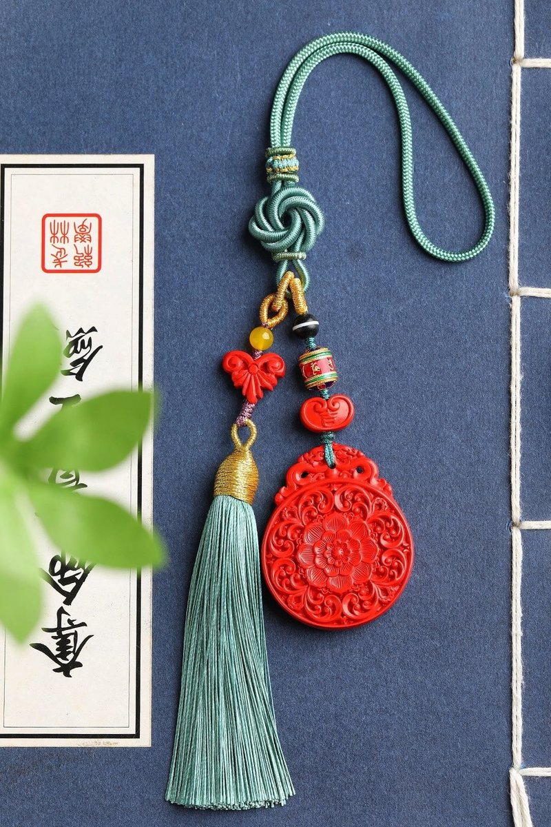 天然原礦硃砂精品紅砂花開富貴六字真言車掛萬能掛 精品原創 - 鑰匙圈/鑰匙包 - 寶石 