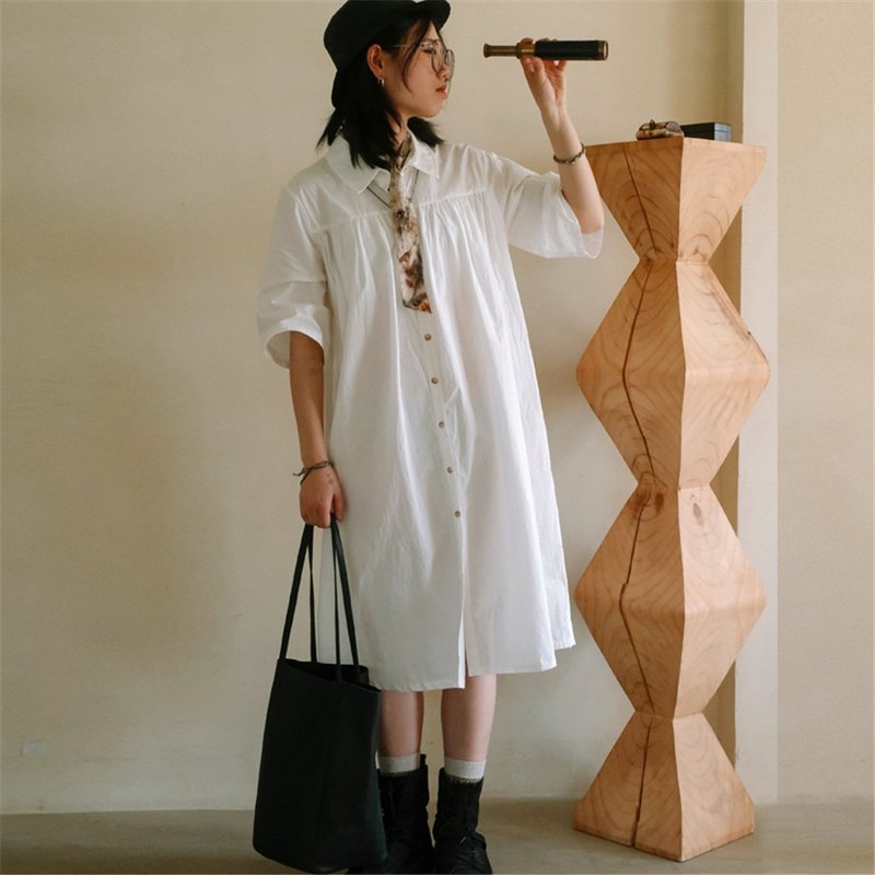 White Tara retro French commuter high-density cotton short-sleeved shirt dress does not bother machine cardigan dress - One Piece Dresses - Cotton & Hemp White