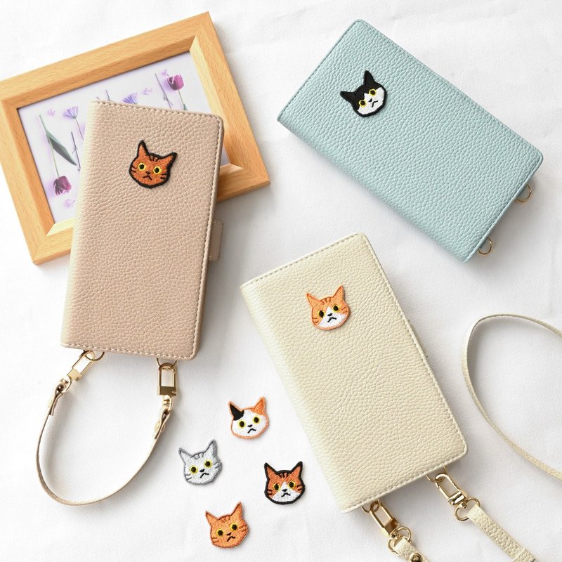 全機種対応 スマホケース 縦向き 手帳型 【 Simple ワッペン 猫 】 スマホショルダー くすみカラー プレゼント A251I - 手機殼/手機套 - 人造皮革 咖啡色