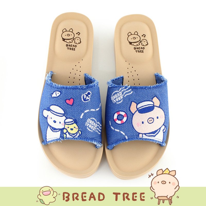 Paidal xBreadtree ocean sailor denim thick-soled one-piece air cushion slippers - blue - รองเท้าแตะ - หนังเทียม สีน้ำเงิน