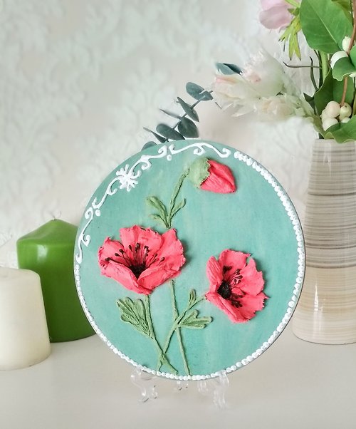 YourFloralDreams 罌粟花 Small painting with 3D red poppies Wildflower painting Mom gift Home decor