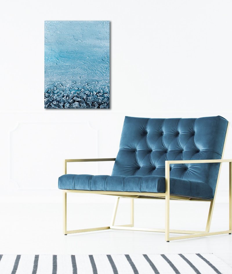 Abstract original painting in blue colors from the artist, coast with stones - 壁貼/牆壁裝飾 - 壓克力 藍色