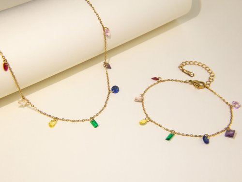 JTK Jewellery 【珠寶組合】多色疊戴寶石項鍊 手鍊 | 簡約彩虹寶石頸鏈手鏈禮盒