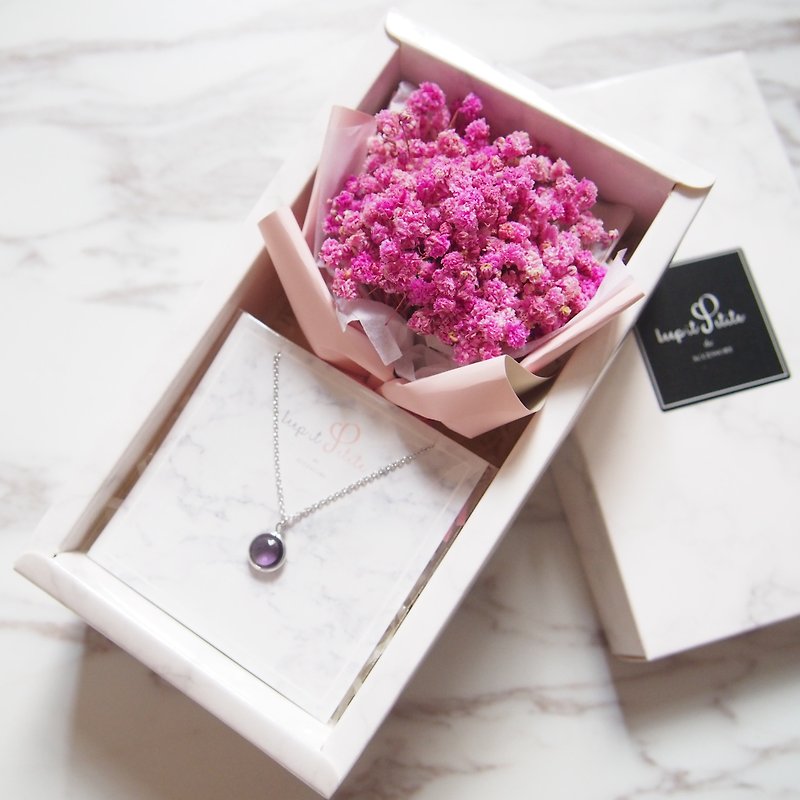 [Cloud Pattern Gift Set - Necklace] Deep Pink Dry Star Bouquet + Purple Round Stone Necklace - สร้อยคอ - วัสดุอื่นๆ สึชมพู
