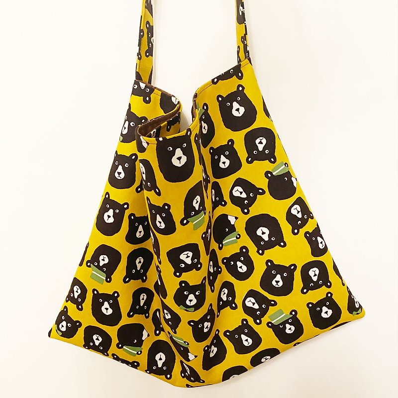 [Bear Fabric Mustard] side backpack yellow mustard bear cloth bag handmade - กระเป๋าแมสเซนเจอร์ - ผ้าฝ้าย/ผ้าลินิน สีเหลือง